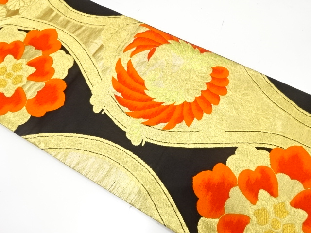 JAPANESE KIMONO / ANTIQUE FUKURO OBI / SILK / WOVEN CRANE & FLORAL CREST